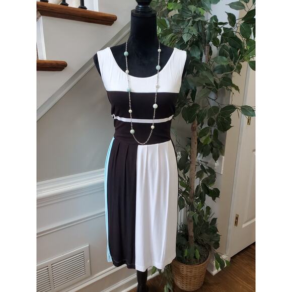 Cato Women's Black & White Solid Rayon Round Neck Sleeveless Knee Length Dress M